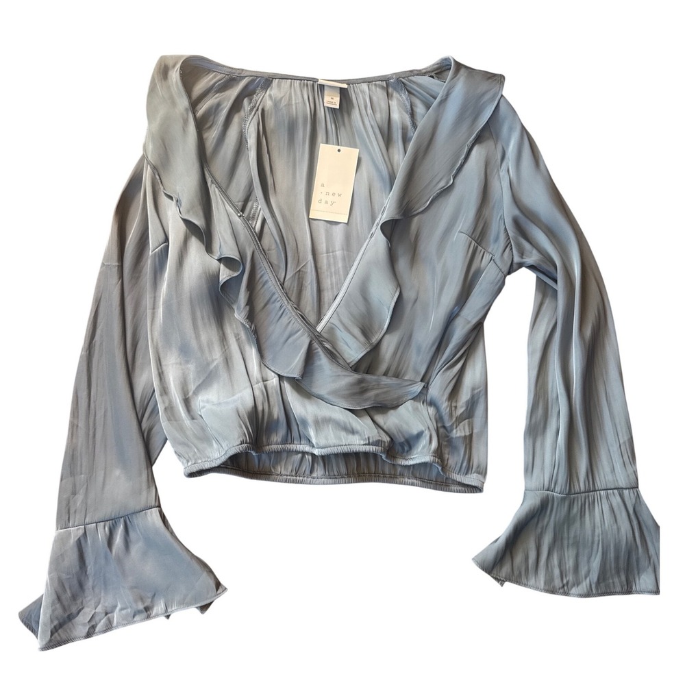 A New Day Ruffle Wrap Blouse Women Medium Blue Grey Silvery Bell Sleeve NWT
